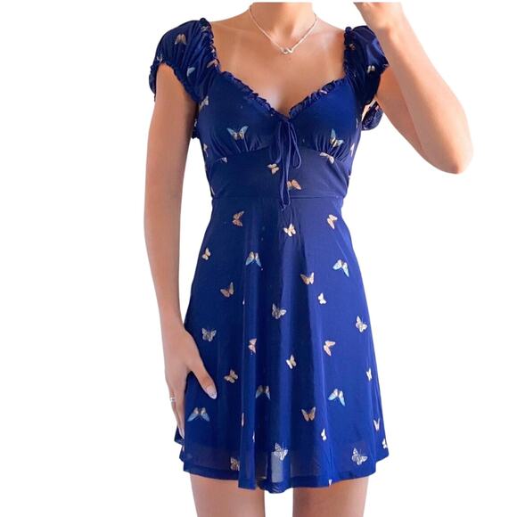 Urban Outfitters Butterfly Mini Dress Blue Sundress Cap Sleeve Ruched Small - Picture 1 of 9
